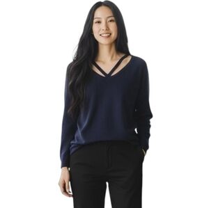 St. John Sport Cut Out Navy V Neck Cashmere Sweater In Navy Blue Size Small